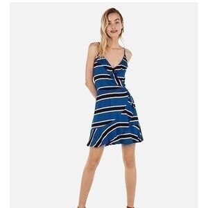 EXPRESS STRIPED SURPLICE RUFFLE WRAP FRONT
CAMI DRESS IN BLUE STRIPE